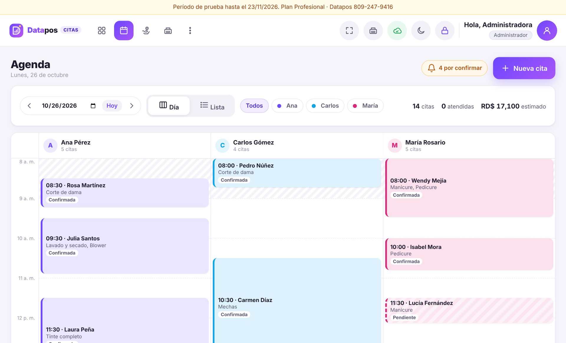 Agenda de Datapos Citas con las citas del día por profesional
