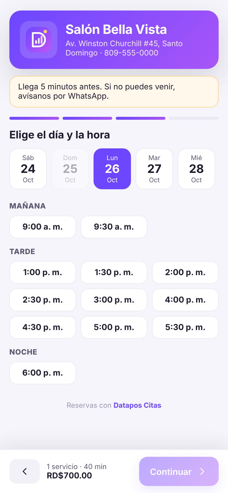 Reserva en línea desde el celular del cliente