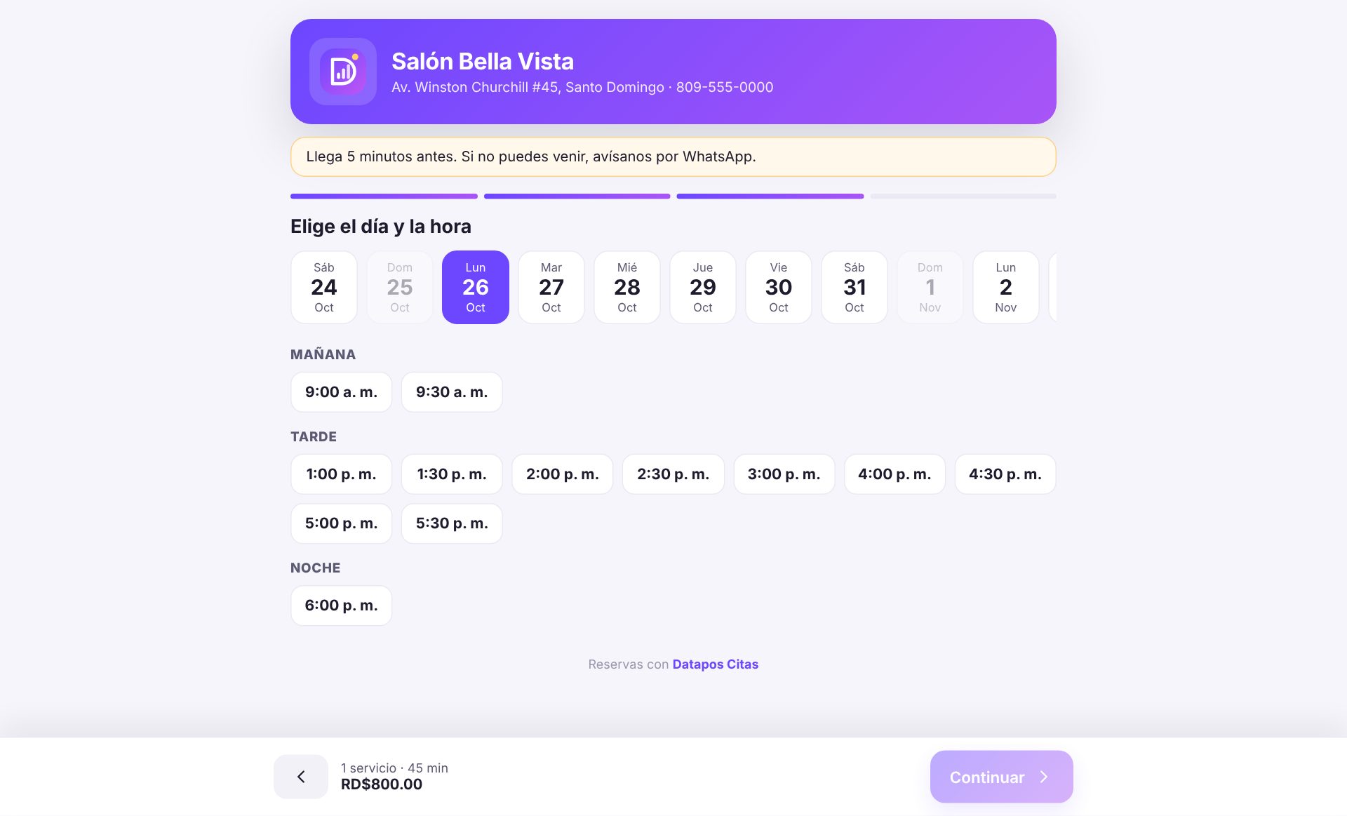 Página de reserva en línea con horas libres